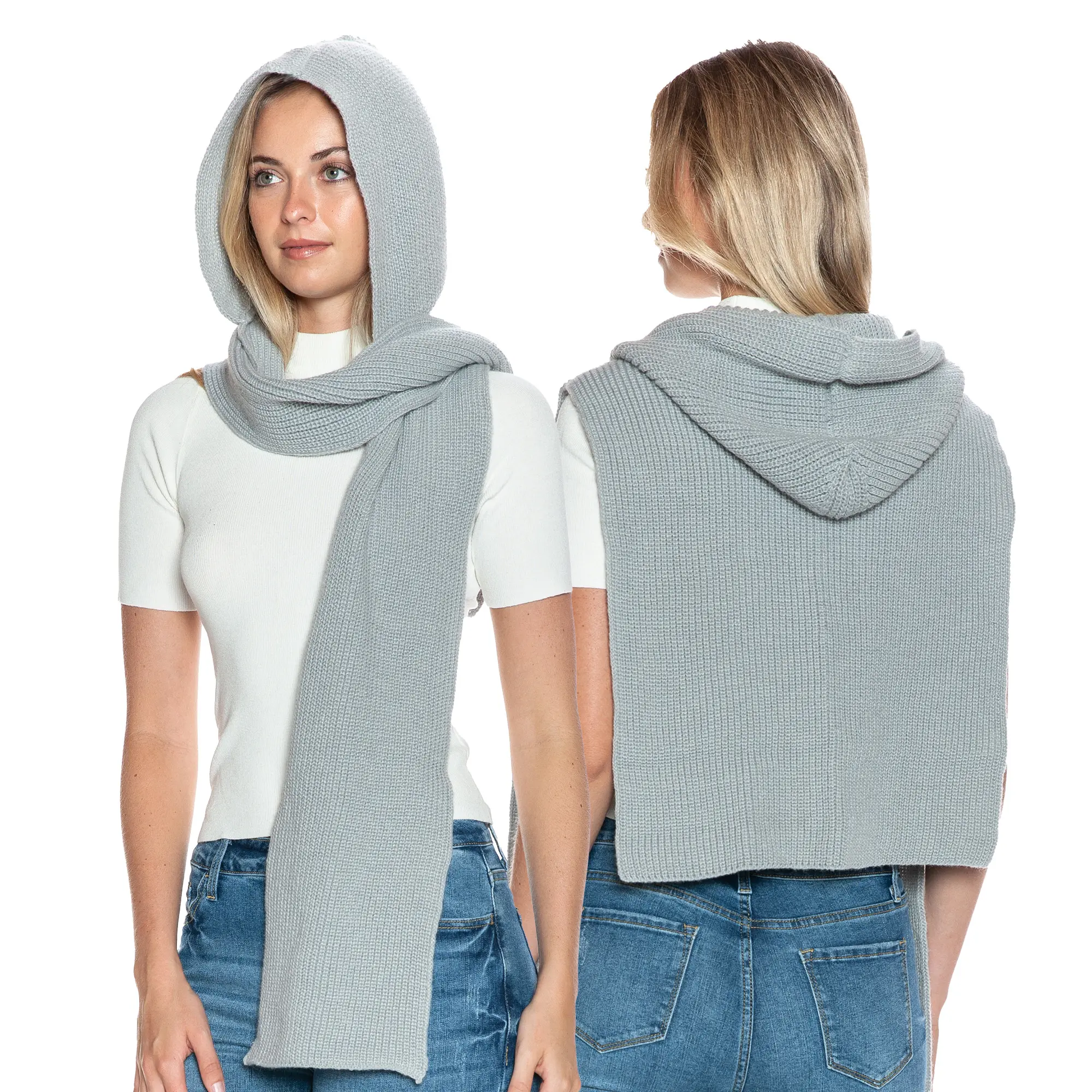 Unisex 2-in-1 Hooded Scarf & Winter Balaclava Fashion Accessory, Plain Knitted Long Polyester Scarf with Extended Back Coverage, One Size, Hand Wash for Daily, Evening & Commute Wear, Casual