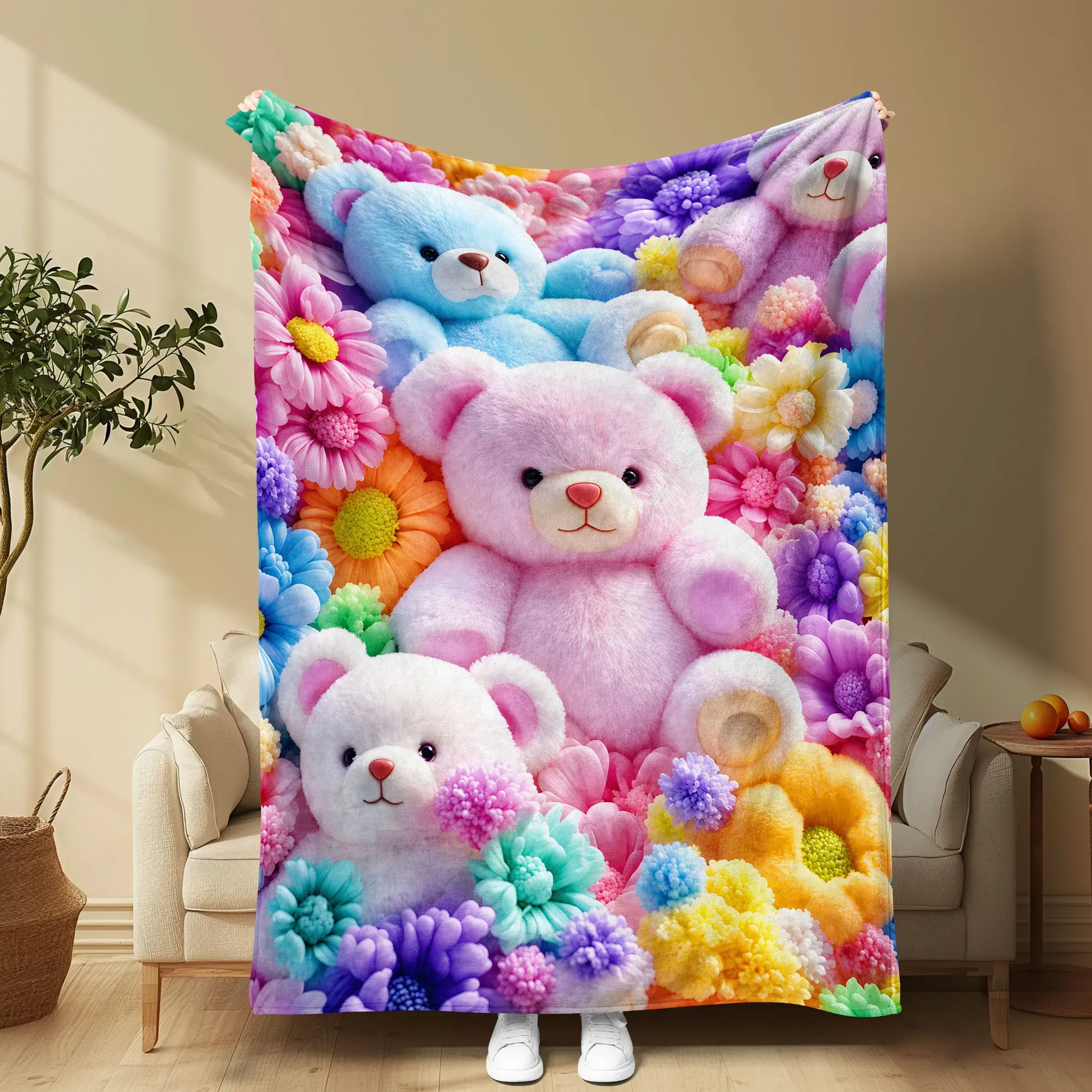 Fluffy Bear Blanket, Soft Flannel Material, Vibrant Colors, Durable Digital Print, Versatile Use, Ideal for Girls' Room Decor