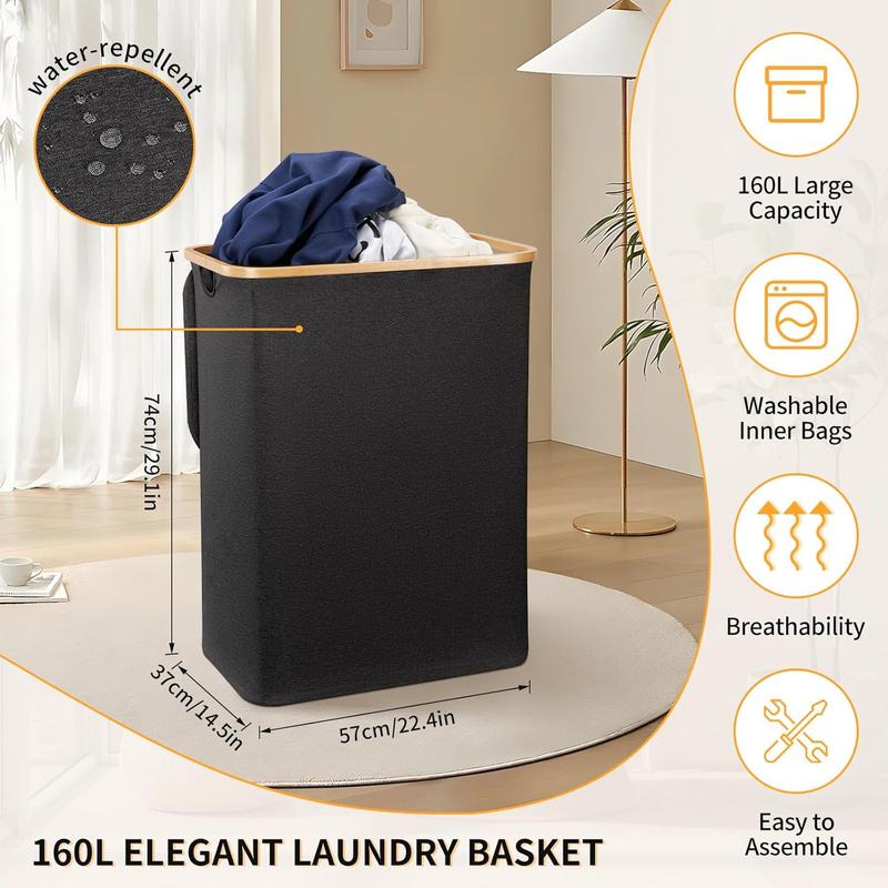 Home Dirty Clothes Organizer 160L 3-Section Laundry Hamper with Lid Sturdy Handle for Bedroom Laundry Room Extra Large Capacity