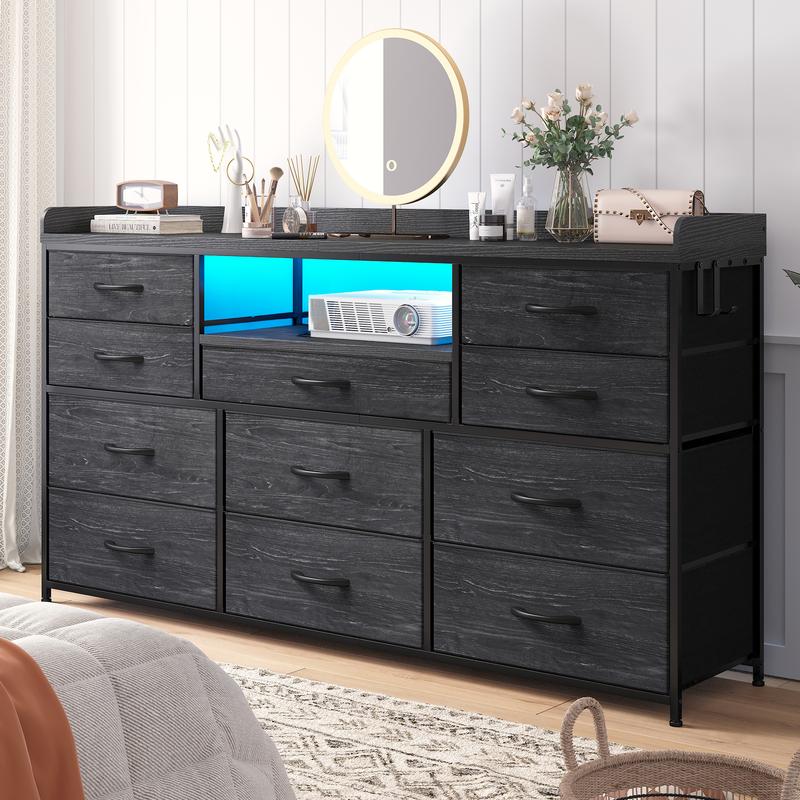 【Jumpstar Sale】Raybee 11 Drawer Smart LED Dresser, with Charging Station, Power Outlets, LED Lights & Shelves, Modern Storage Cabinet for Bedroom/Hallway, TV Stand for 32-55 inch TVs, Easy 10-min Assembly, Includes 4 Hooks