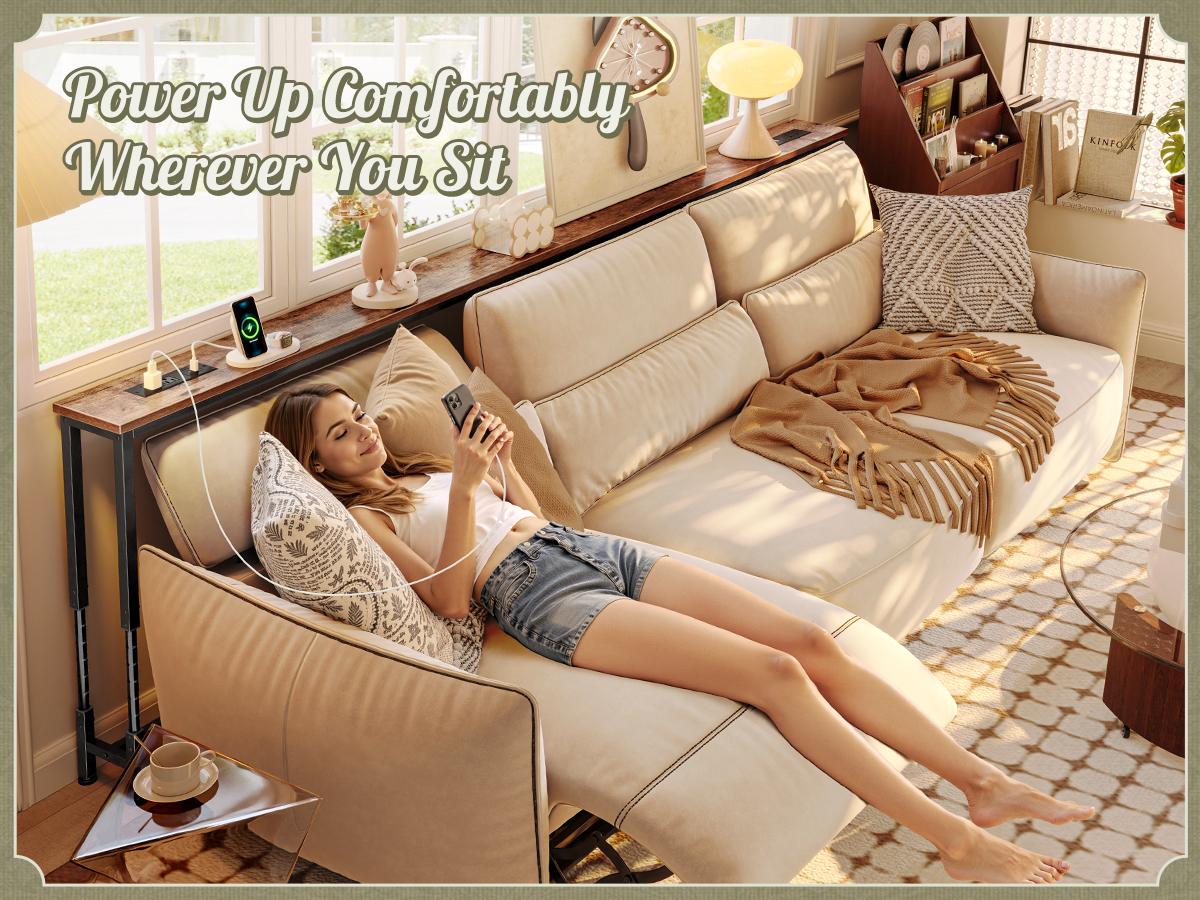 Huuger 102.4/110.2 Inch Sofa Table with Power Outlets, 23.9’’-34.4’’ Height Adjustable Range, Behind Couch Table with USB-C Ports, Sofa Tables Narrow Long, Skinny Console Table, Small Spaces