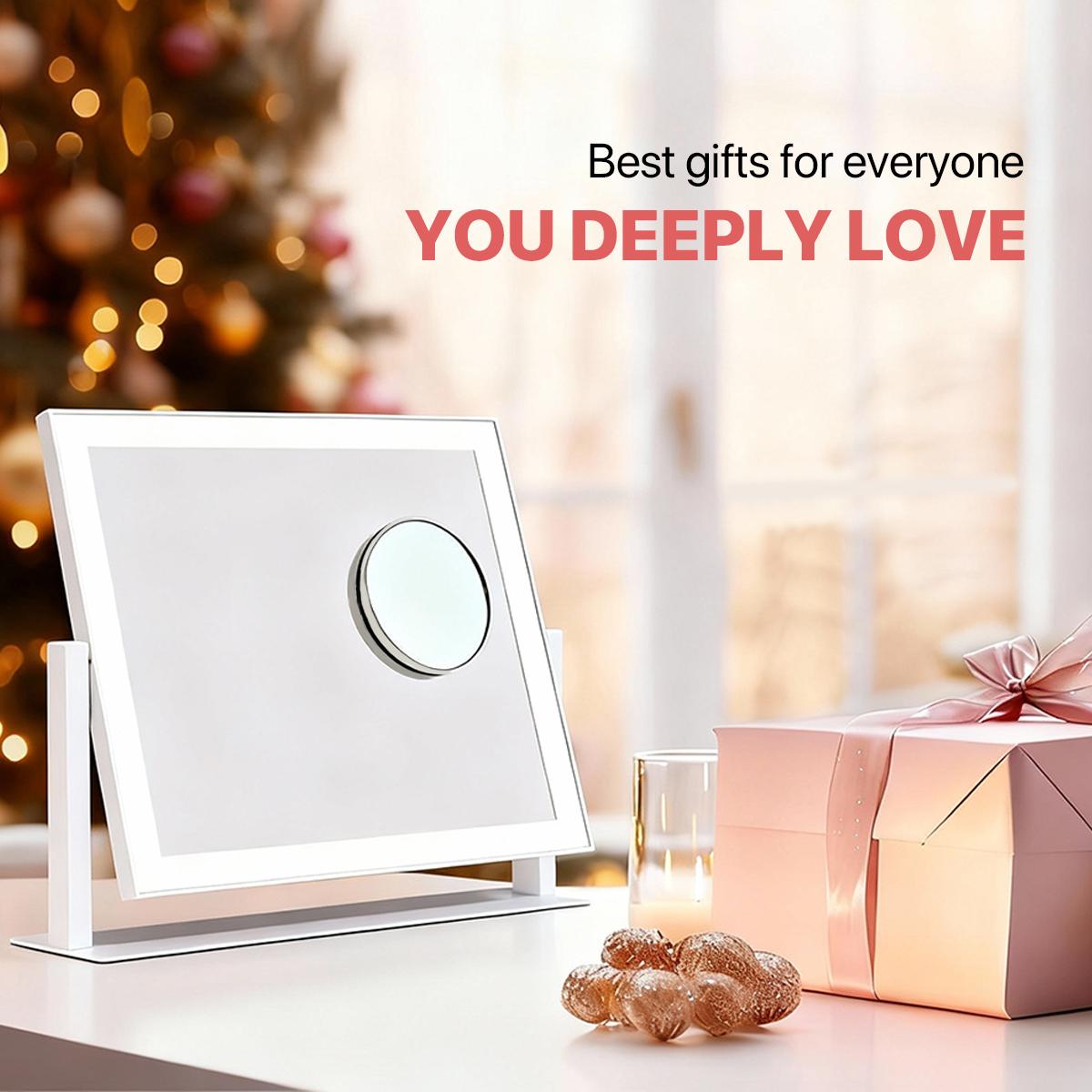 GALENTAL Vanity Mirror with Lights, LED Makeup Mirror with Dimmable 3 Color Modes, Touch Screen Control Vanity Based Mirror Desk Mirror Square White