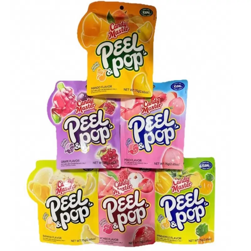 6 Pack Candy Master Peel & Pop Peelable Gummy - Mango, Grape, Peach, Banana, Lychee and Pineapple Fruit Flavors Chewy Gummy Sweet Sour the Fruity Individually Wrapped snack