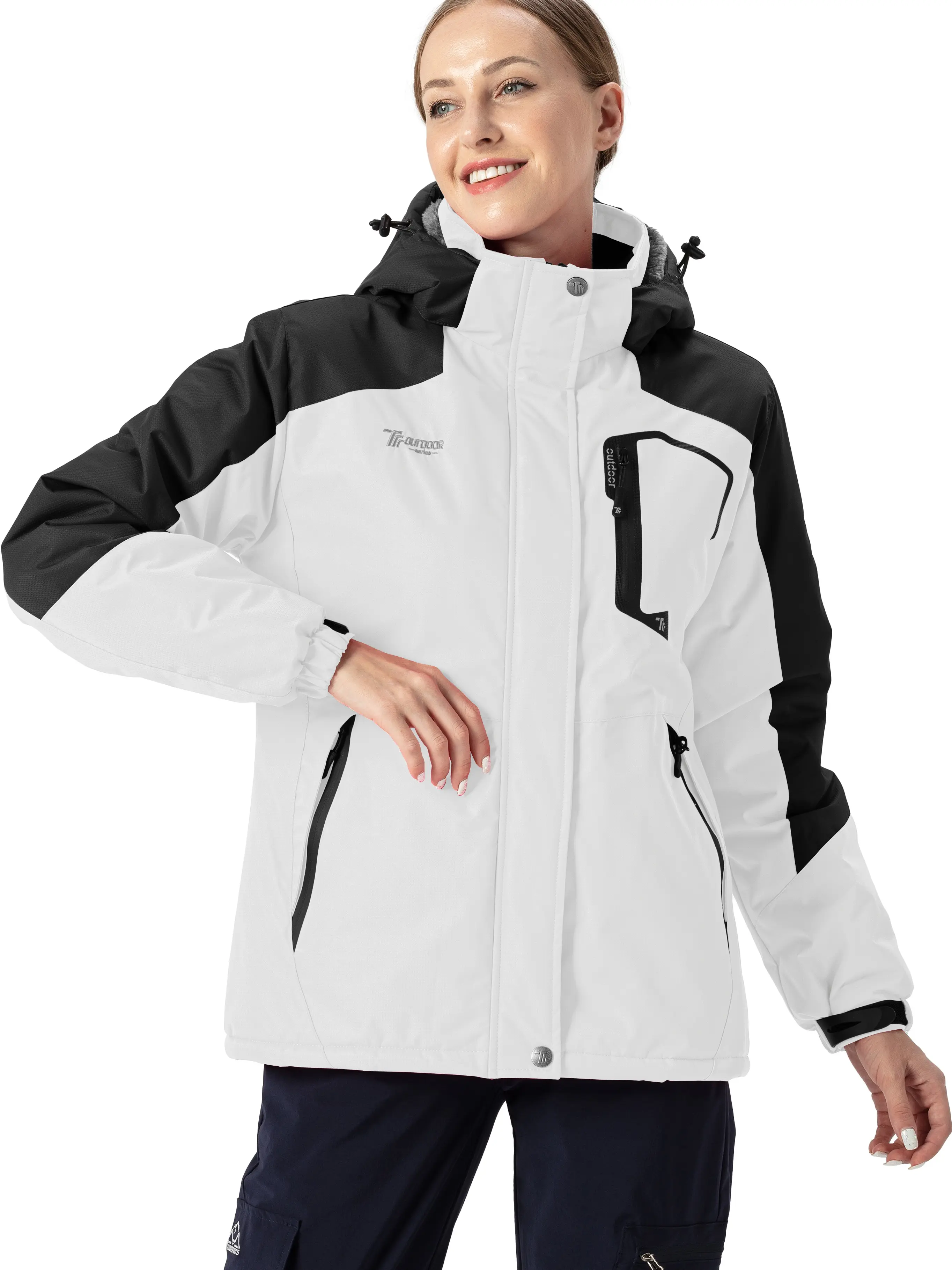 TBMPOY Women's Polyester Waterproof Ski Jacket - Warm Winter Snow Coat, Mountain Windbreaker, Hooded Raincoat with Zippered Pockets for Female Hiking/Light Outdoor Activities (Hiking Women's Sports Jacket)