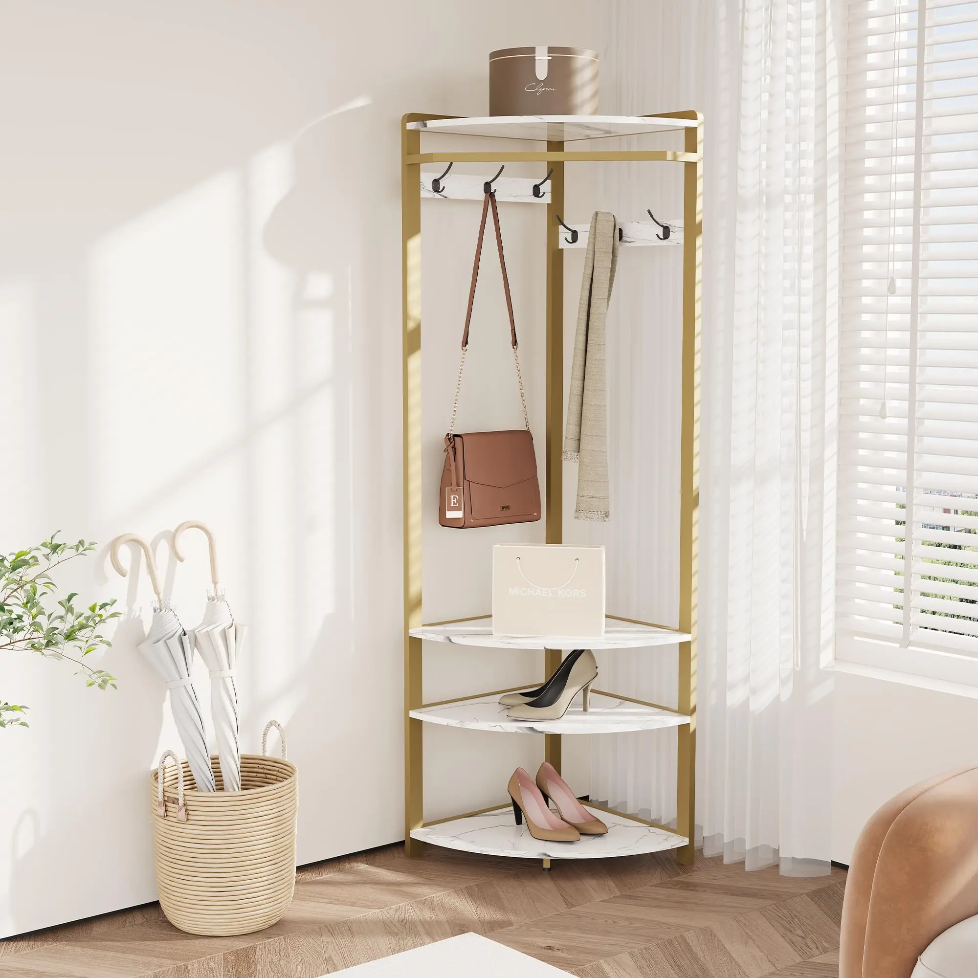 Corner Coat Rack with Storage and Organizer Shelf, Entryway Coat Rack with 6 Double Hooks, Space-Saving Hall Tree for Entryway, Bedroom, Living Room