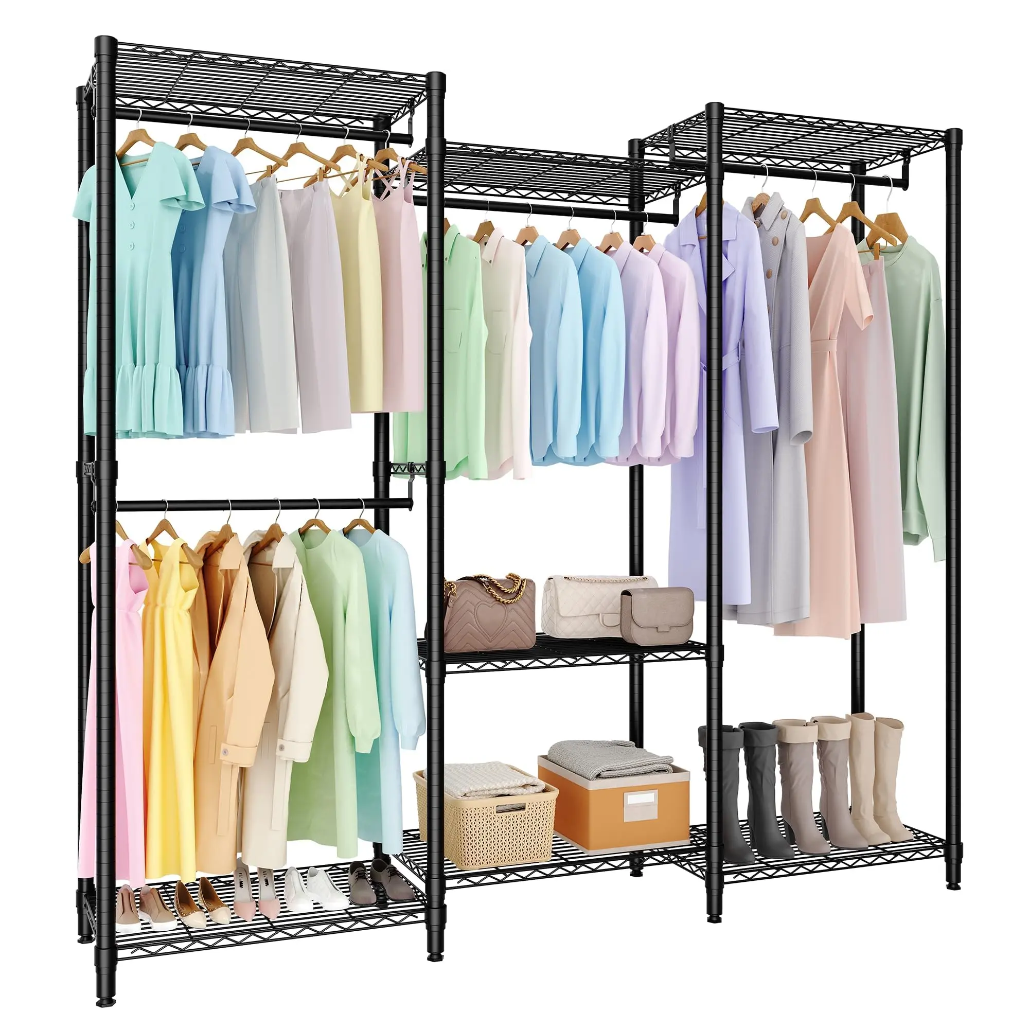 Garvee Adjustable Freestanding Clothes Racks with Multiple Hanging Rods and Shelves, Heavy Duty Capacity, Portable Wardrobe Organizers in Various Sizes and Configurations for Bedroom or Cloakroom Storage