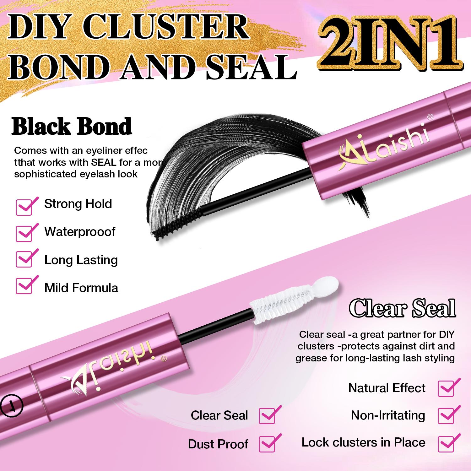 [New Upgrade] Ailaishi 2-in-1 Bond & Seal Waterproof Lash Cluster Glue - Strong-Hold, Beginner-Friendly Cosmetic Adhesive for Adults, Long-Lasting Hold, Glue-Black 2.0, No Summervibes Issues, Liquid back to school