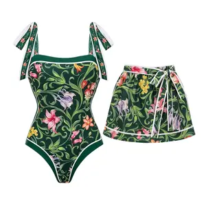 FLAXMAKER Women's Reversible Tie Shoulder Plant Print One Piece Swimsuit and Matching Cover Mini Shorts Set Swimdress Stylish Beachwear Bathing Suit SpringStatements Swimwear Coverups #Summervibes outdoorfun #SwimWeek summerwins