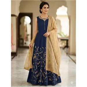 #3PS-15 Elegant Royal Blue & Gold Embroidered Anarkali Set (3-Piece)