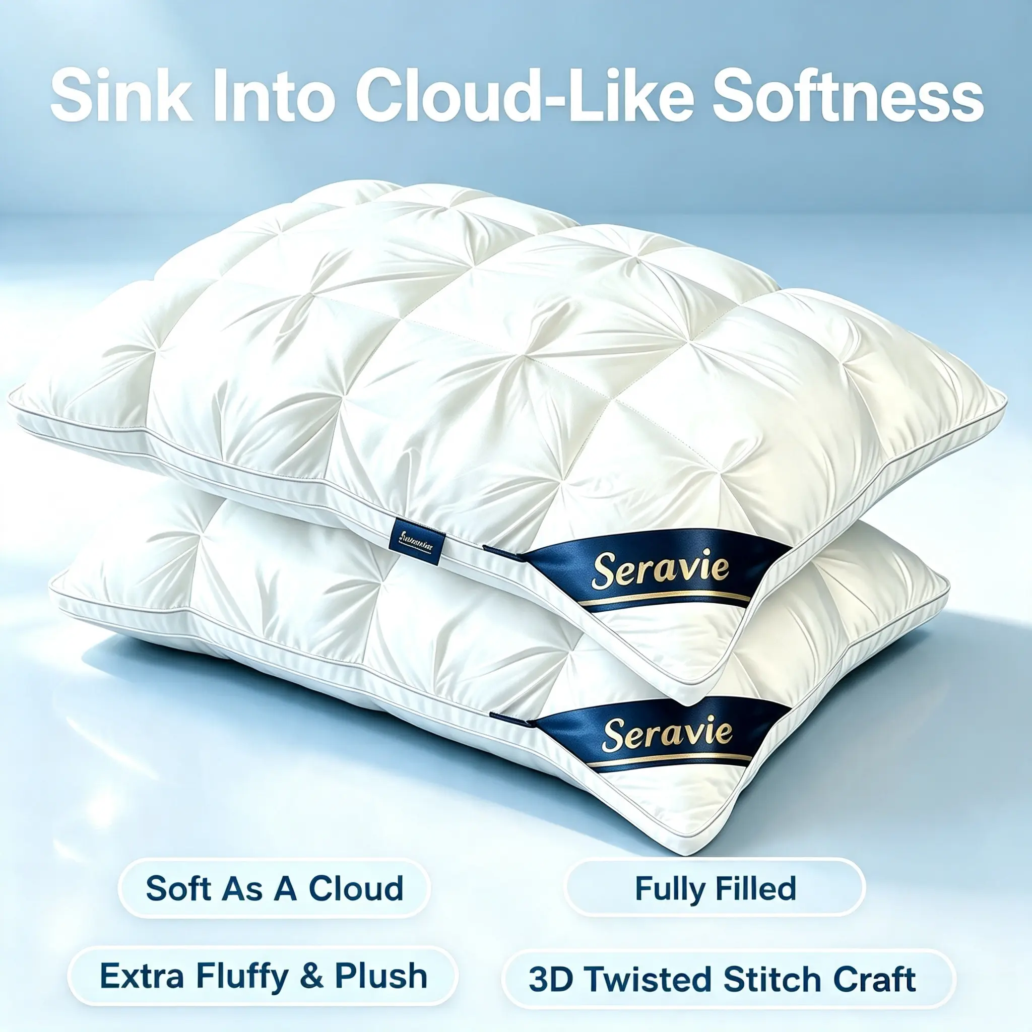 Luxury Hotel-Quality Bed Pillows - Low-Allergy Polyester Fiber Cover, Antibacterial Premium Soft Down-Alternative Fill with Softness, Ergonomic Design for Back/Stomach Sleepers