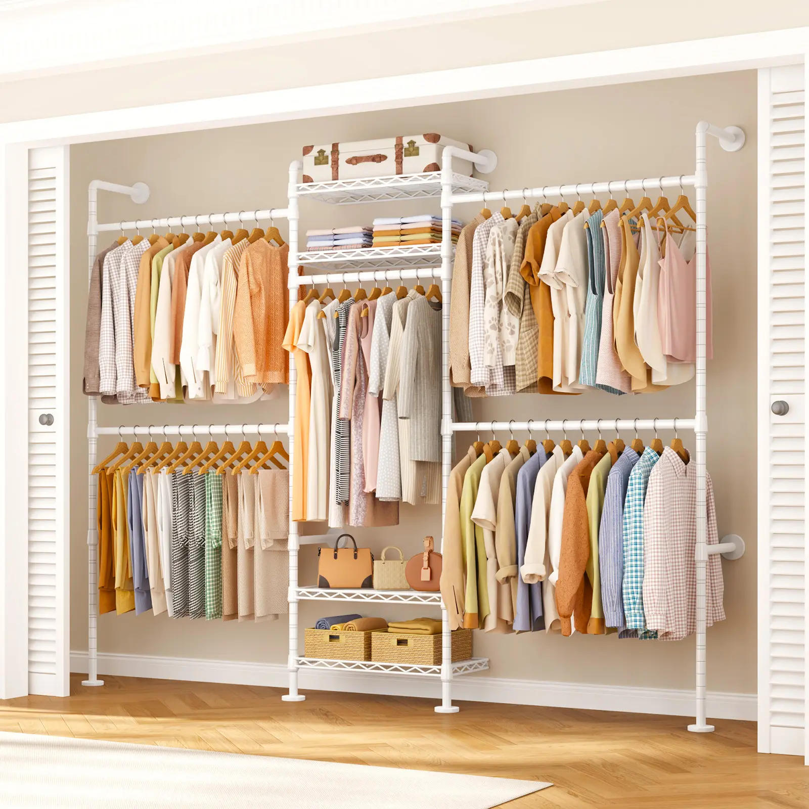 Expandable(22.4-39.4") Wall Mounted Heavy Duty Industrial Pipe Closet System, Garment Clothing Wardrobe Rack for Hanging Clothes, Closet Organizers, Bedroom & Livingroom Furniture