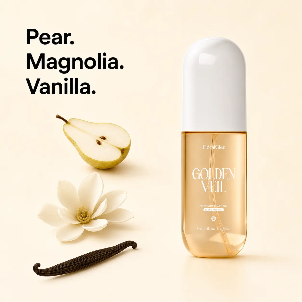 FloralGlen Golden Veil Perfume Fragrance Mist for Women, Long-Lasting Fruity Floral Body & Hair Spray, Pear, Peach, Jasmine & Vanilla, 4 fl oz