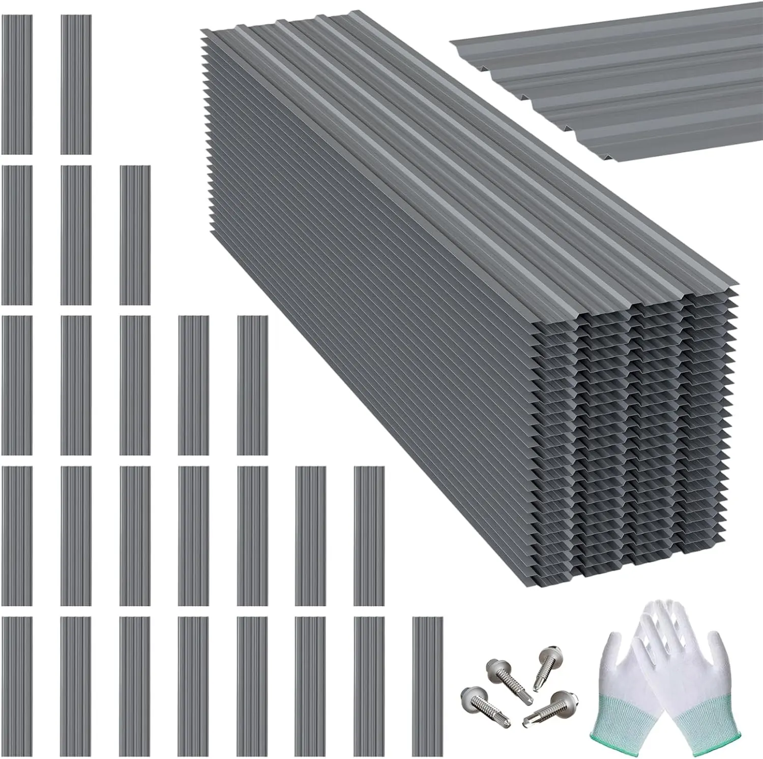25 Pcs 0.01 Inches Galvanized Steel Corrugated Metal Roof Panels with 250 Screws, Waterproof Metal Shed Siding with Interlocking Seal, Heavy-Duty Rainproof Sunproof Roof for Garages, Stables