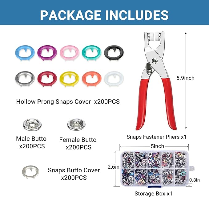 200 Sets Metal Snap Buttons with Fastener Pliers Press Tool Kit,Multicolor Mixing Hollow Sewing Snaps for Fabric,Prong Snap Button Kits for DIY Crafting Clothing Sewing (9.5mm / 800 PCS)