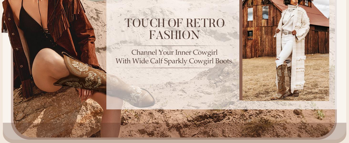 Women's Cowboy Boots - Wide Calf Knee-High Western Boots with Classic Embroidery, Sparkling Rhinestone Accents, Pointed Toe, and Convenient Pull-On Zipper Design