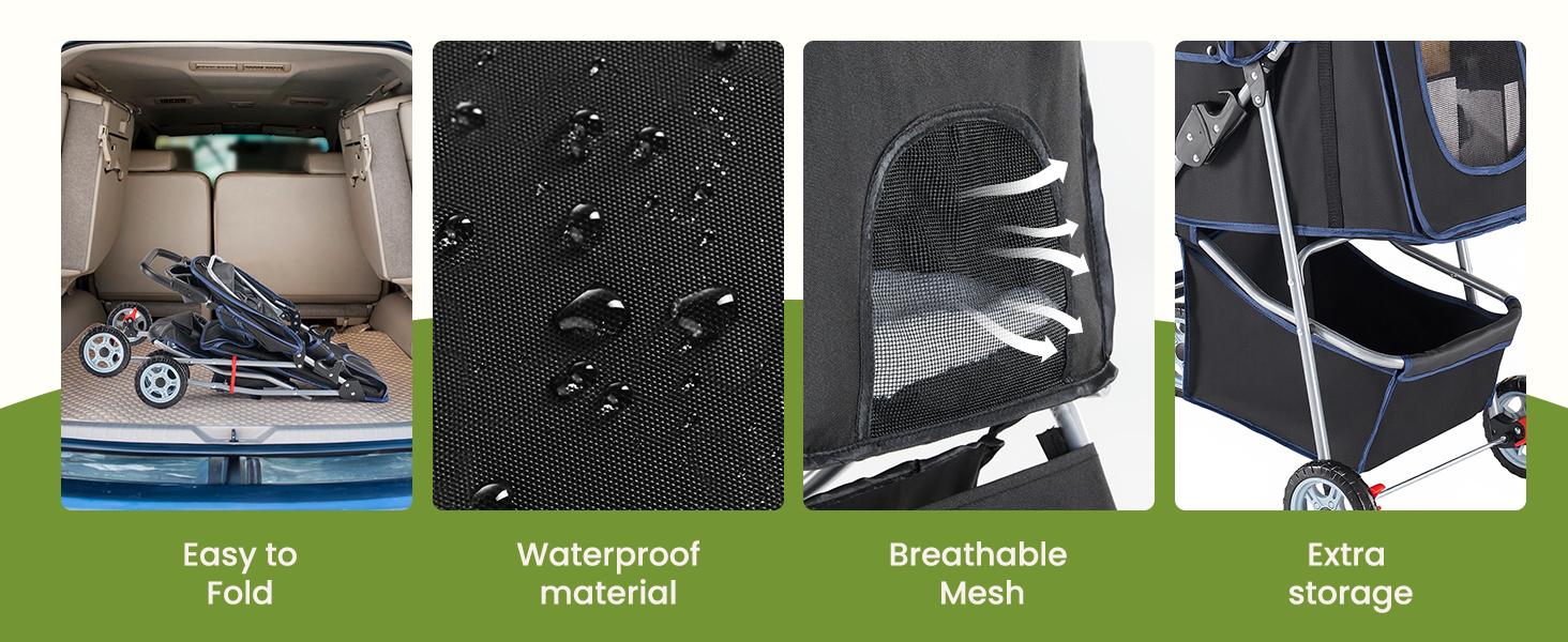 Pet Stroller for Dogs and Cats, Foldable, Lightweight and Durable, Ideal for Small to Medium Pets, Includes Storage Basket and Cup Holders