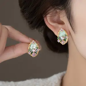 Monet Garden Glazed Oil Painting Flower Studs, Baroque Vintage Earrings for Women