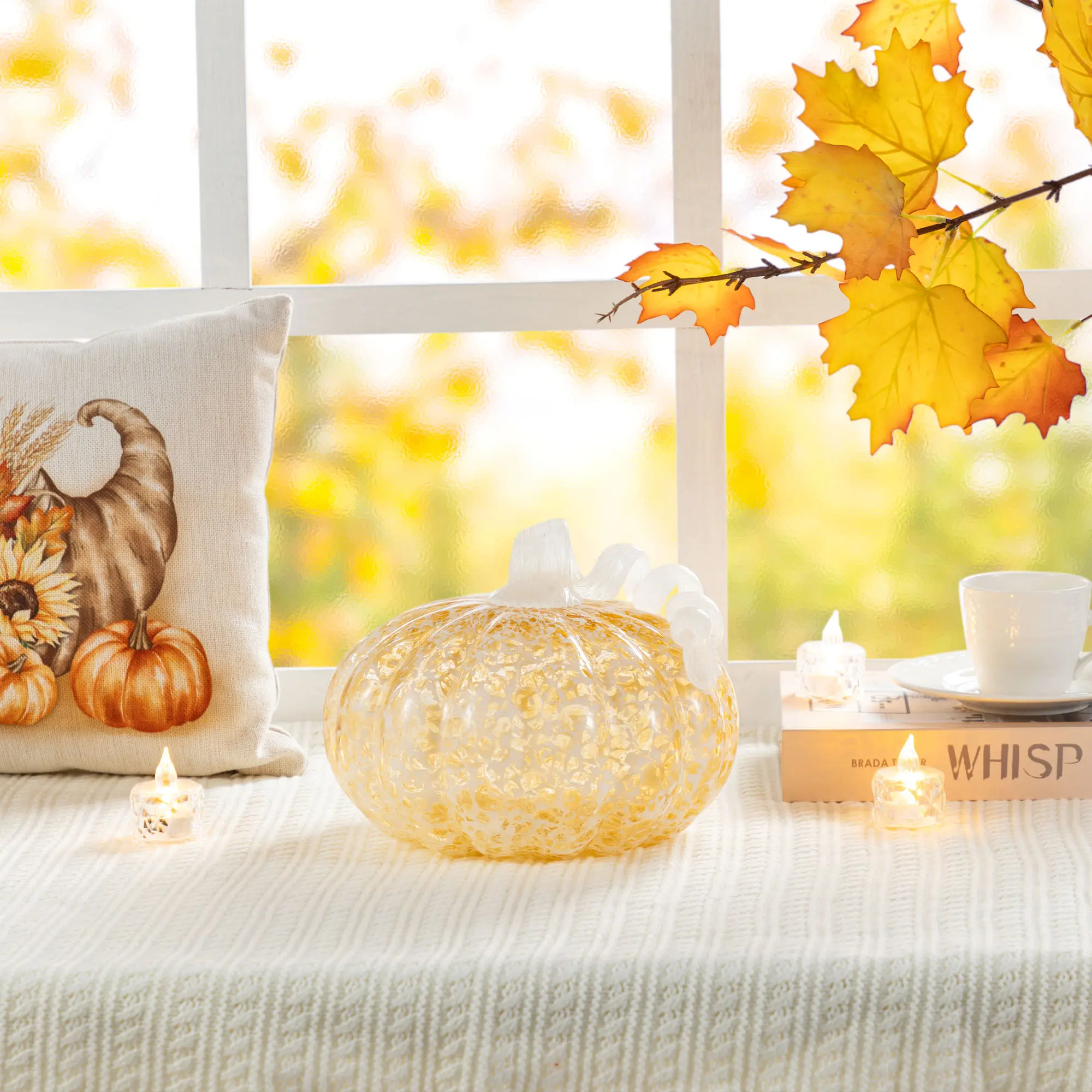 Glitzhome 8.5" Large Amber Dots Glass Artificial Pumpkin, Festive Decor Centerpiece for Room Decor, Fall Pumpkin Decorations & Artificial Centrepieces
