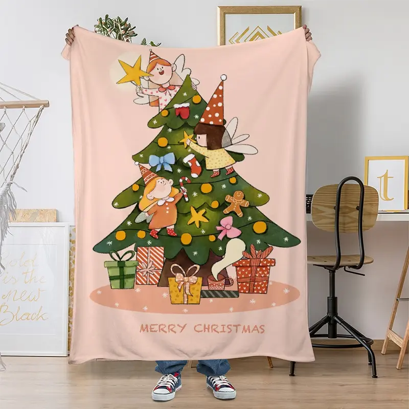 Christmas Tree Cheerful Elf Throw Blanket Cozy Holiday Soft Blanket for Bed Extra Large Machine Washable All Season Flannel Anti Seasonal Blanket Comfort for Home Office Travel & Camping Gifts for Women Girls Friend