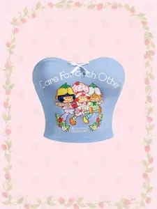 Strawberry Shortcake Women's Plus Size Crew Neck Tube Top, Spring-Summer Sweet Cartoon-Designed, Bow-Decorated Casual Womenswear Tank Top