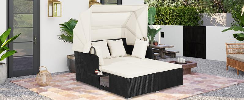 COSTWAY Outdoor Daybed, 2-Person Wicker Chaise Lounge with Retractable Canopy, Cushions & Pillows, 2 Side Trays, Patio Double Sofa PE Rattan Sunbed Lounger for Deck Poolside Garden Balcony