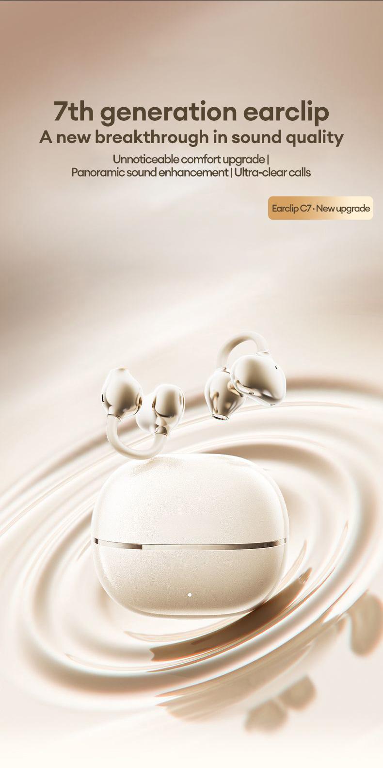 PAXA Earclip C7 Clip-on Design Wireless Earphones, Upgraded Panoramic Sound Headset, Comfortable Wearing & IPX5 Waterproof Sports Earbuds for Work, Fitness