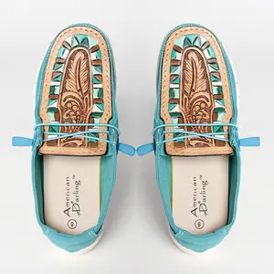 American Darling Hand tooled, carved genuine leather trim lightweight shoe footwear, slip on| Tooled Footwear