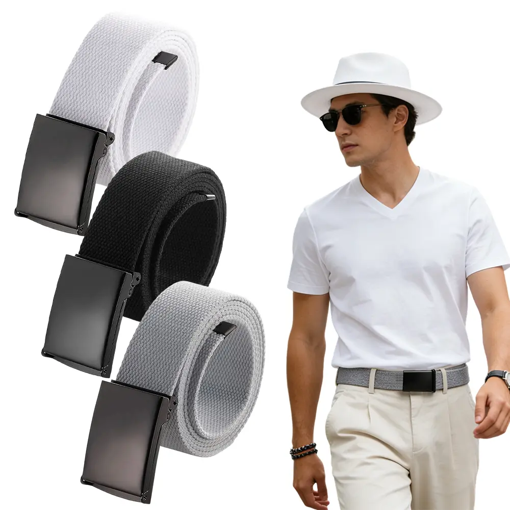 3 Packs Casual Work Belts for Men, Holeless Fully Adjustable, Canvas Web Cloth Fabric Belts, Black Dress Everyday Work Belt Without Holes