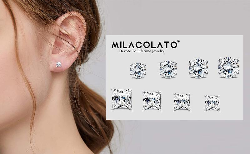 Milacolato Cubic Zirconia Stud Earrings for Women Men |Sterling Silver Stud Earrings | Brilliant Cut Simulated Stud Earrings for Sensitive earings