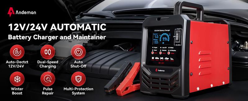 Smart Car Battery Charger Heavy Duty Repair Tool - 15A Smart Trickle Charger, Automatic Battery Maintainer, Auto Shutoffs, For Car, Truck, Marine, SUV, RV, Boat, Lawn Mower