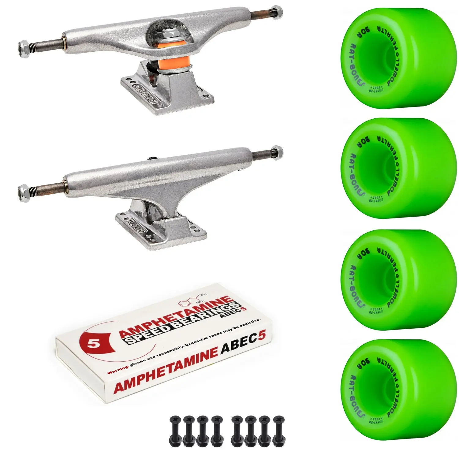 Independent Skateboard Package - 149 (8.5") Trucks, Powell Peralta Rat Bones Green Wheels, Amp 5 Bearings