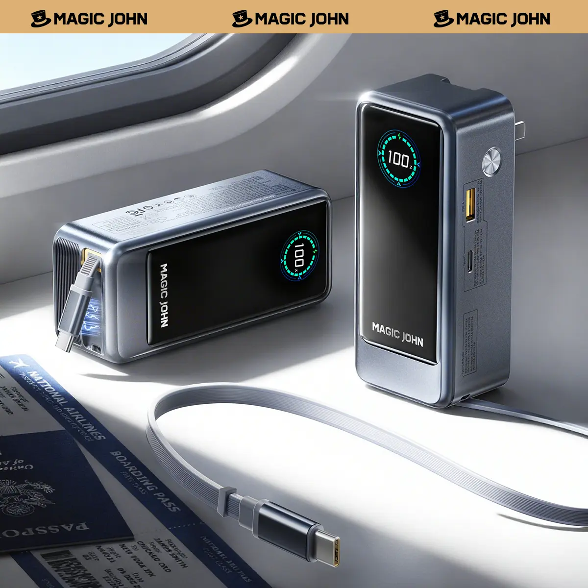MAGIC JOHN 15000 mAh High-Capacity Power Bank with Lanyard, Chargeable Portable Charger for Mobile Phones, Smartphones, Laptops & Devices, USB-C Output, 2.3ft Retractable Cable, Airline-Approved, Compatible with iPhone 17/16 Series, MacBook, Samsung, Rech