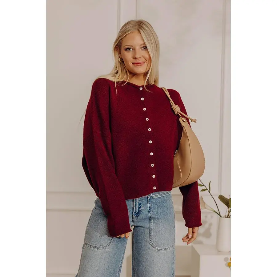 Coffee Shop Cutie Knit Cardigan in Wine