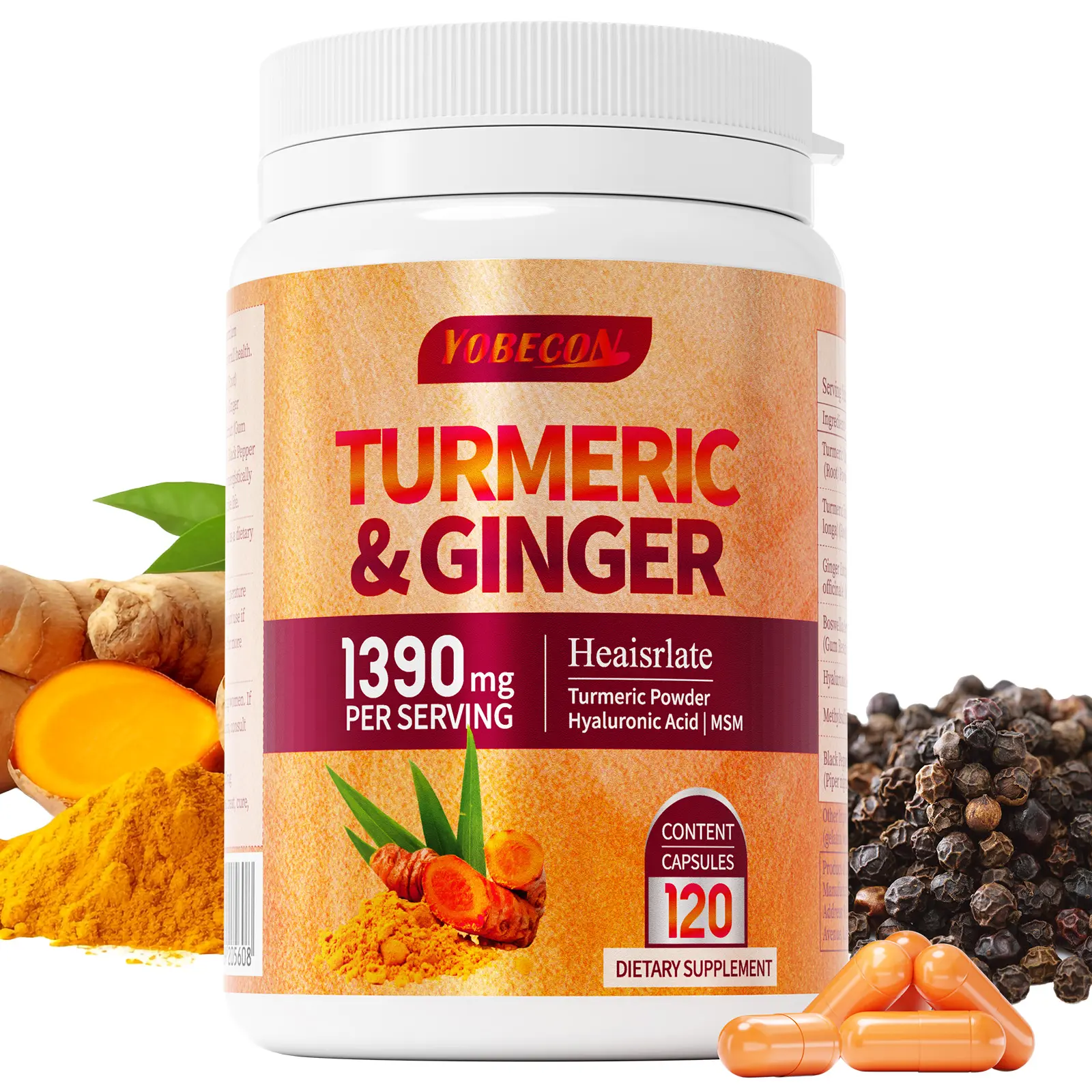 YOBECON Curcumin-Rich Turmeric Supplement with Black Pepper - Boosts Energy, Supports Skin & Digestion Health, Maintains Vitality, Prop 65 Safe, 120 Powder Capsules (Family Pack, Winter Gift Option)