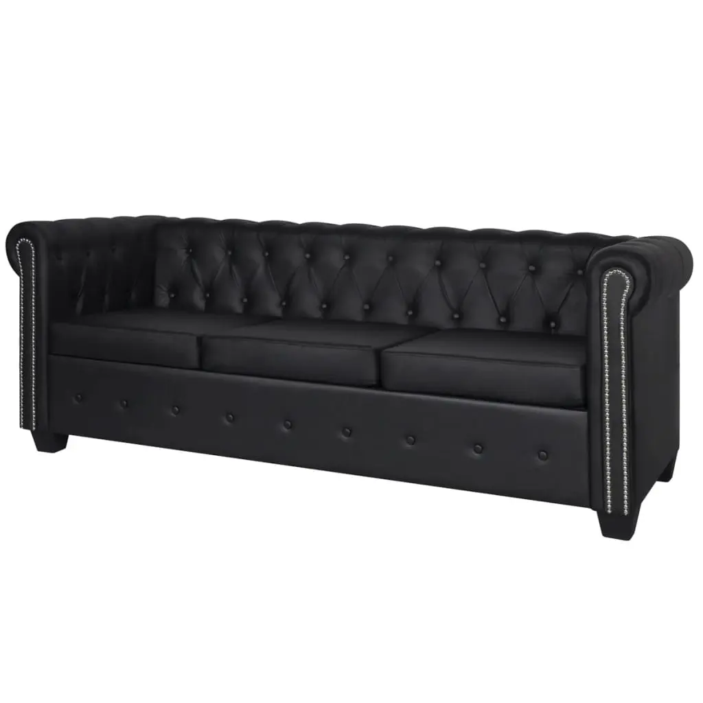vidaXL Chesterfield 3 Seater Sofa Black Artificial Leather Classic Design Comfortable Seating For Home Or Office Easy To Clean Dimensions: 78.7X31.1X11.8In Faux Couch Tufted Living Room Traditional 242657