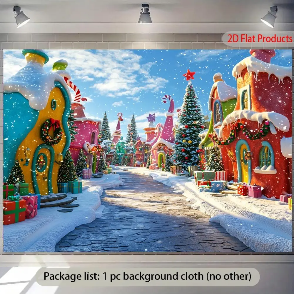1pc Durable 2D Flat Whoville Scene Christmas Town Banner Backdrop - UV-Printed, Candy Cane Houses, Snowy Streets, Glam Look Indoor Room Decor for Holiday Parties, Home Textile Furnishings