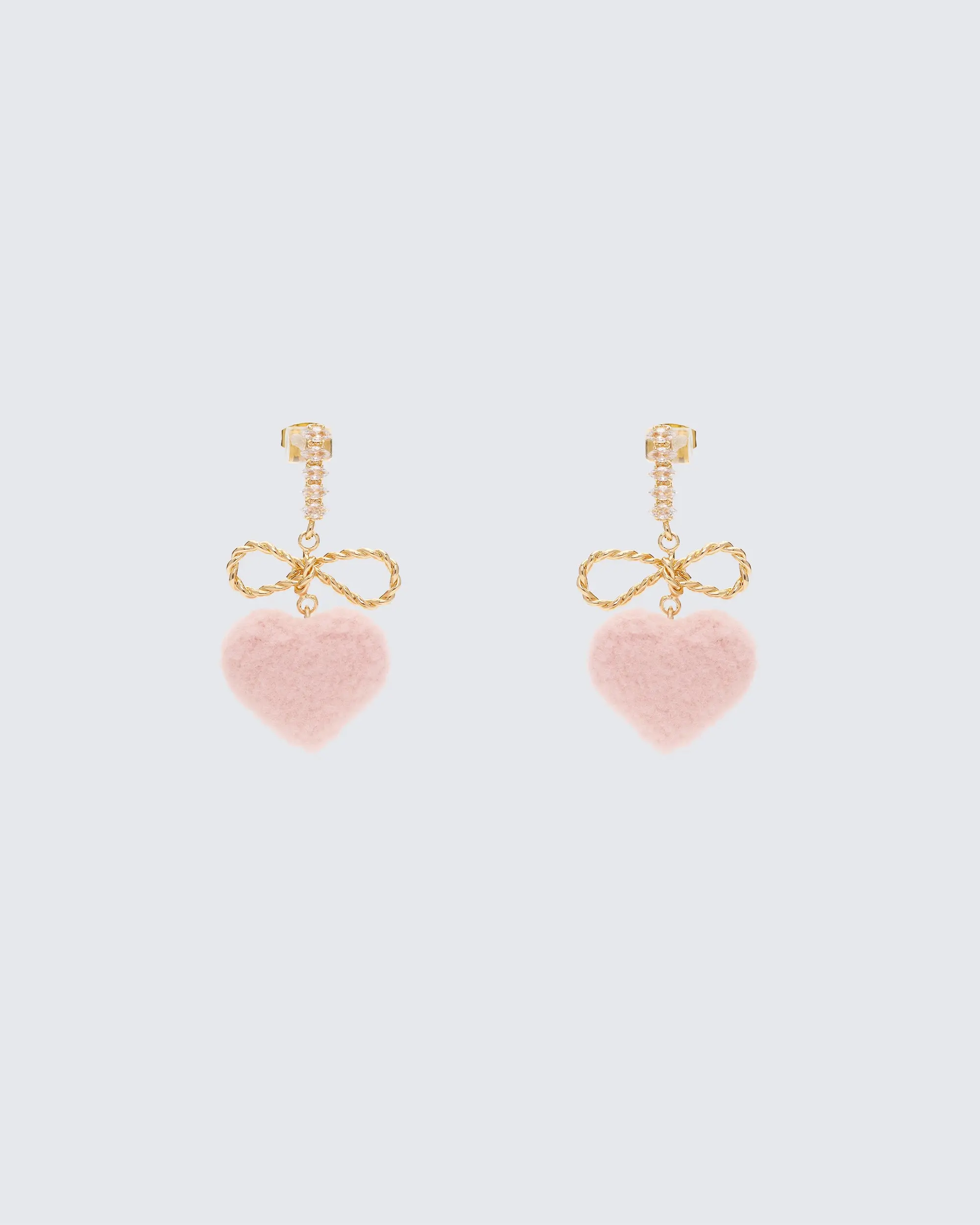 FINESSE Heart Shaped Dangle Earrings, Pink Fluffy Charm with Twisted Gold Bow and Cubic Zirconia Lined Post, Heart Shaped Earrings, Drop Earrings