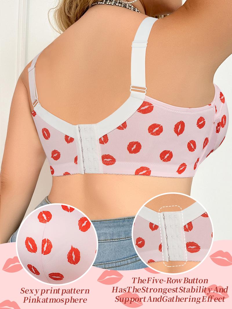 Mimilemon Valentine's Day Plus Size Push Up bra Cute Polyester Kiss Print Comfortable Stylish Womenswear Everyday Bra comfortable tiktokshopblackfriday pushup  bea Underwire Unlined Fit Pink