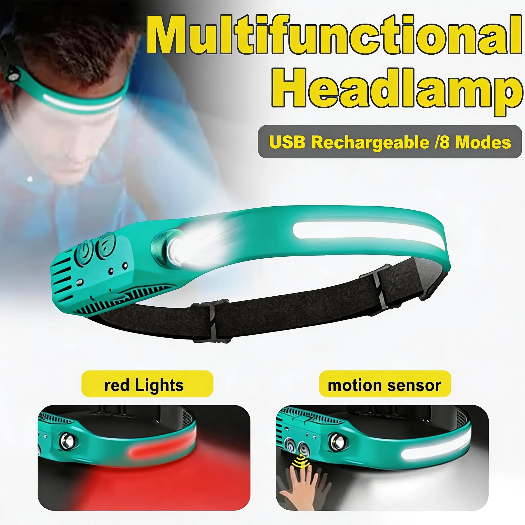 High-Power Rechargeable Motion Sensor Headlamp with Adjustable Hands-Free Headband, Super Bright 8-Mode COB&LED Flashlight, High Lumen Red Light, Long Battery Life for Outdoor Sports, Fishing Hunt