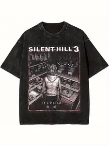 Men's Casual Vintage Washed 230g 100% Cotton Black Short Sleeve T-Shirt with Silent Hill 3 Game Scene Pattern, Breathable and Sweat-Wicking, Comfortable Top, Suitable for All Seasons, Machine Washable, Holiday Gift, Perfect Gift for Friends