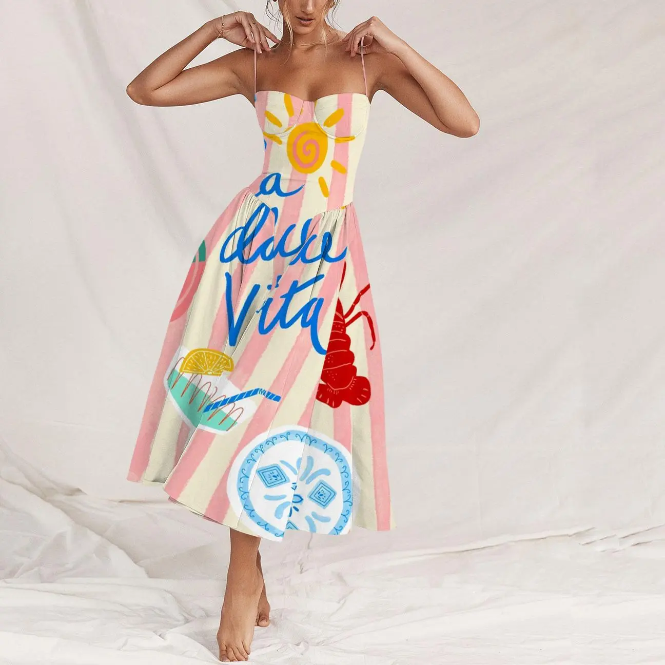 Polyester Non stretch  French Elegance Seaside Holiday Striped Printed Princess Dress Women's Midi Graphic A-Line Dress for Daily Life Midi dress