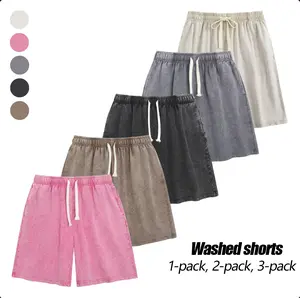 Men's sporty retro washed cotton shorts, available in 1-pack, 2-pack, and 3-packs. Features a weighted elastic waistband, street style, and drawstring. Suitable for fitness, training, and jogging. Includes pockets