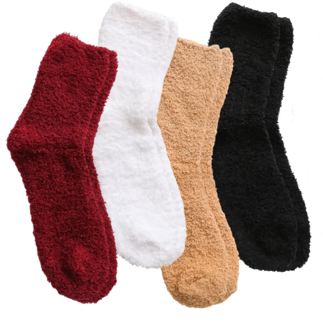 Lady's 4-Pair Fluffy Winter Socks, Polyester Fleece Coral Soft Warm Socks, Basic, Everyday, Casual Daily Socks