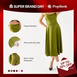 Popilush Satin Cowl Neck Spaghetti Strap Midi Swing Dress - Casual Breathable Elastic Fabric for Everyday Womenswear Feminine Adjustable Mesh
