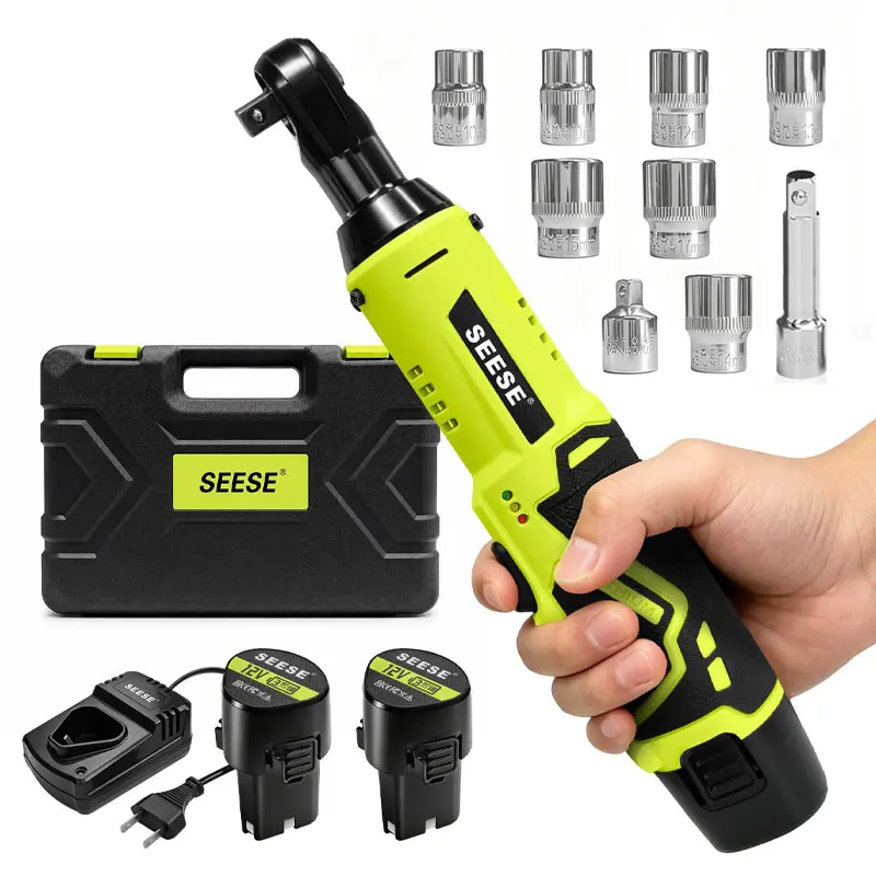 SEESE Cordless Electric Right Angle Ratchet Wrench, Socket Ratchet Wrench,3/8" Drive Cordless Torque Wrench With 2×12V Batteries And Charger，Includes 7 Sockets,Car Repair Tool for Screw & Nut Removal