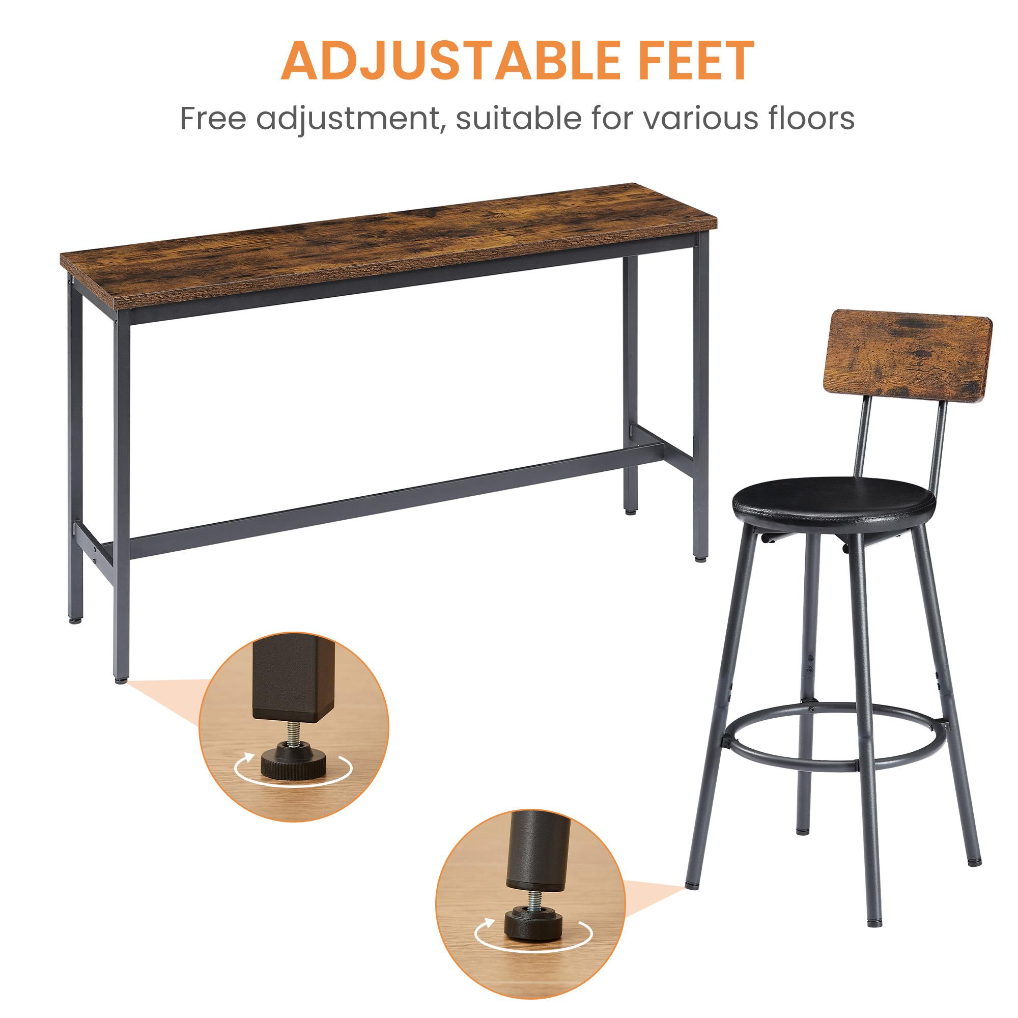 Long Bar Table Set with 3 PU Upholstered Bar Stools, Industrial Bar Table and Chairs for Kitchen Breakfast Table, Living Room, Banquet Hall, Rustic Brown and Black, 63″L x15.7"W x 37.5"H
