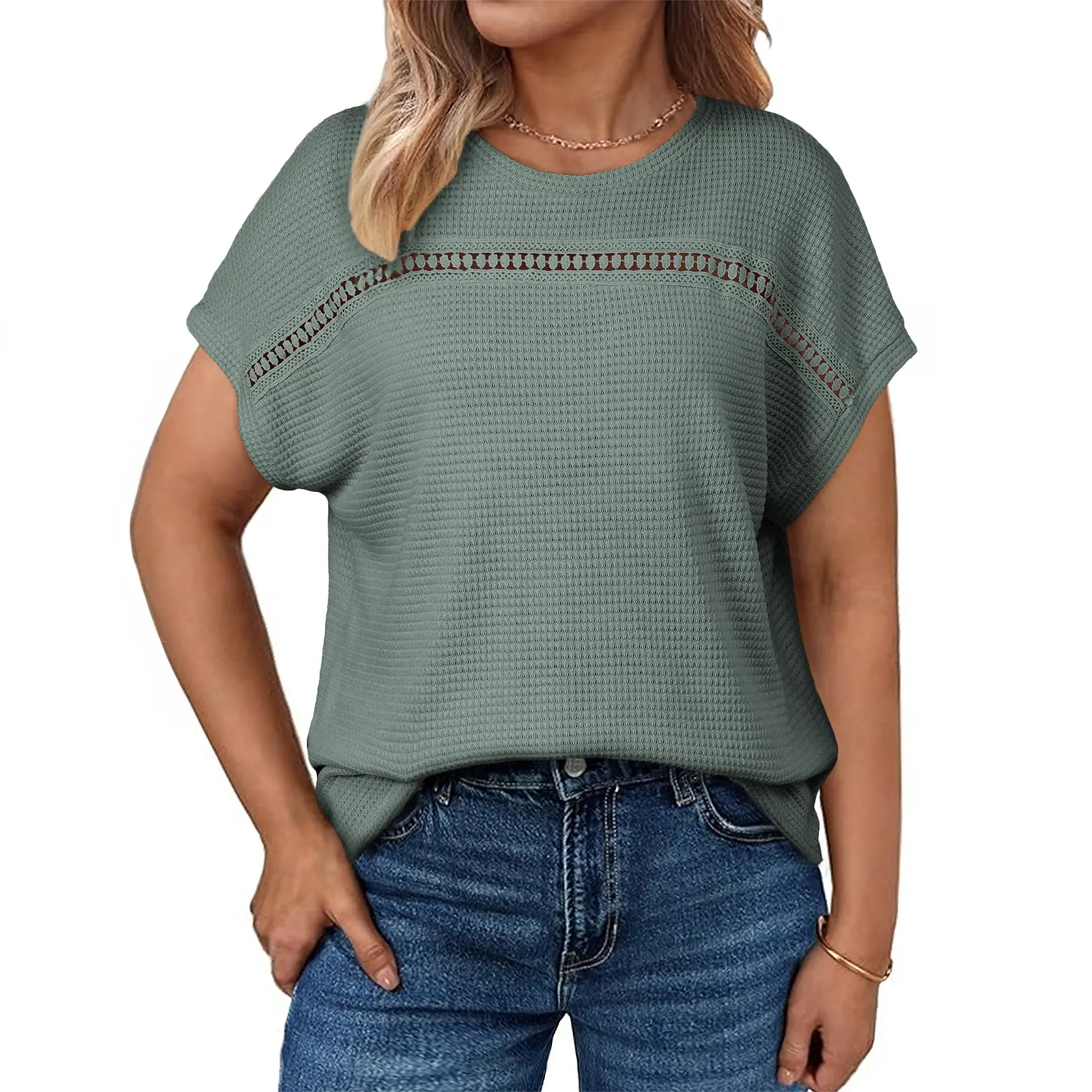 Eytino Plus Size Tops for Women Hollow Out Waffle Knit T-Shirts Crewneck Short Sleeve Casual Loose Basic Tee Blouses(1X-5X)