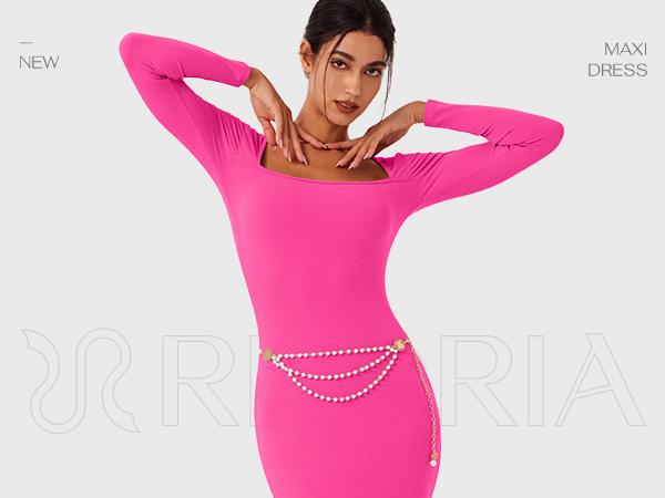 REORIA Women's Chic Black Square Neck Long Sleeve Bodycon Maxi Dress Autumn Casual Ribbed Soft Lounge Dresses Women's Wear Elegant Machine Washable Basic Minimalist Style