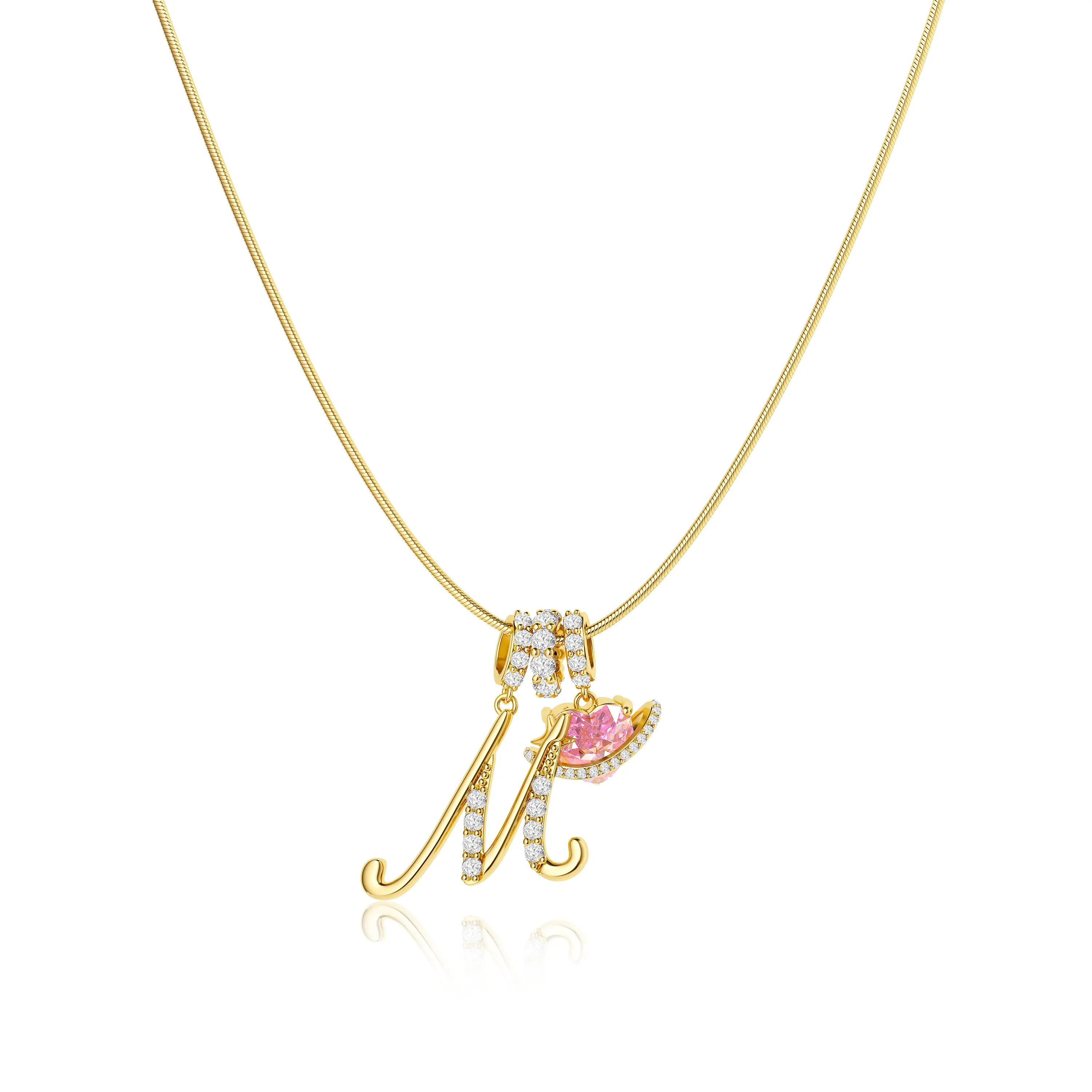 Tewiky 14K Gold Plated 3-Layering Initial A-Z Letter Pendant Necklaces for Women Snake Chain Choker Pink Heart Zircon Adjustable Length Necklace Jewelry For Mother's Day gifts
