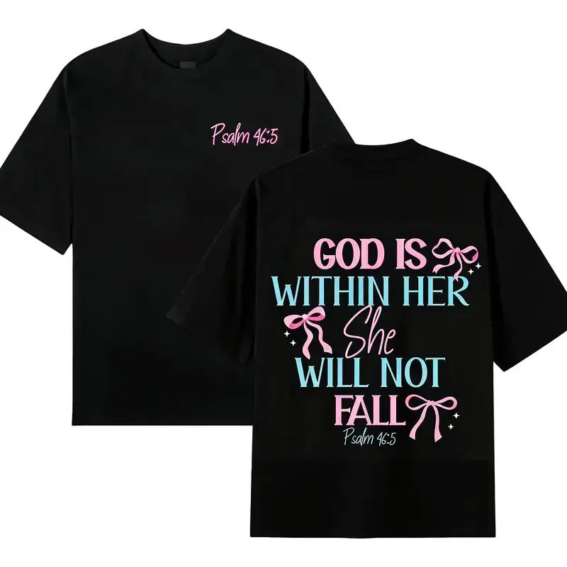 "GOD IS WITHIN HER SHE WILL NOT FALL" & Psalm 46:5 Retro Vintage Loose Fit  Top for Men & Women Spring Summer Casual Wear, Dual-Sided Inspirational Design ,Must-buy on Black Friday